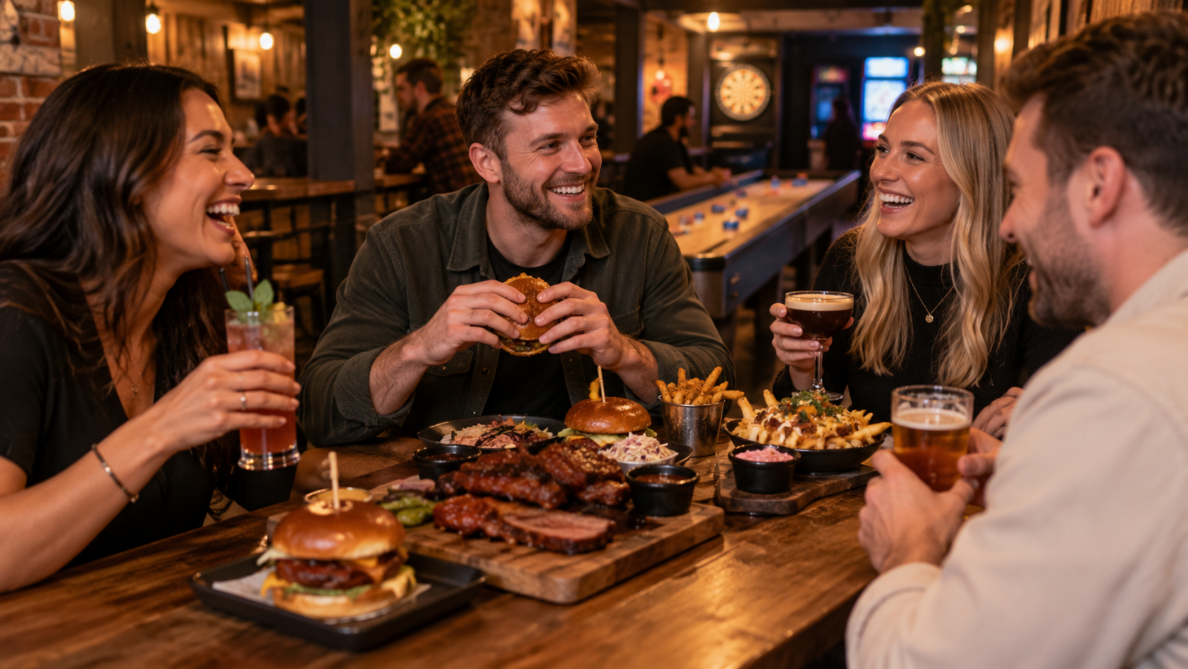 Guests enjoying food and drinks at The Three Chimneys Games Pit in Weymouth